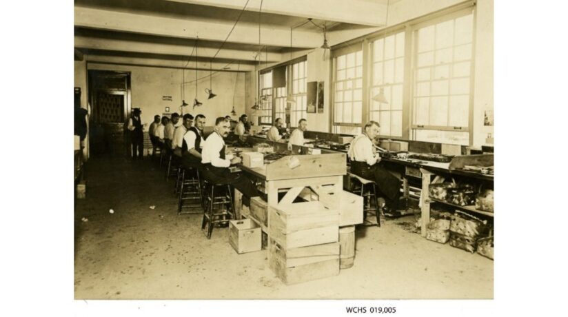 1912 Enger Kress Pocket Book Co leather goods assembly in West Bend, Wisconsin