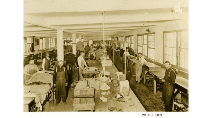 1912 Enger Kress Pocket Book Co leather cutting department in West Bend, Wisconsin