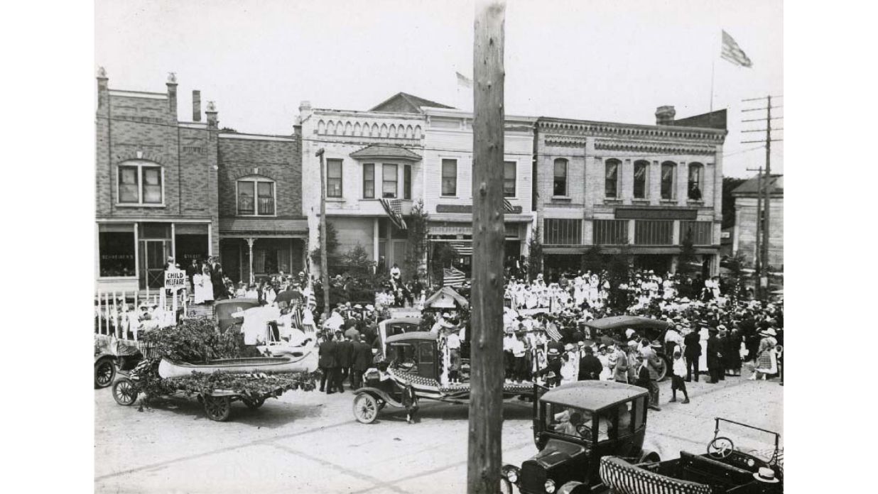 The American flag at a parade at West Bend's Main Street in Washington County, Wisconsin