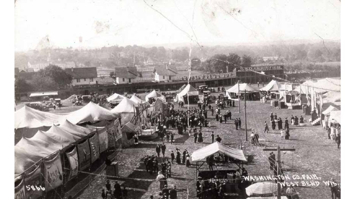 Amusement area of the Washington County Fair with The Tower Heritage Center home to the Washington County Historical Society in West Bend, Wisconsin