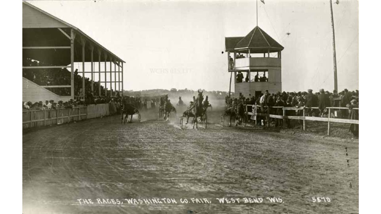 Horse races in the 1920s at the County Fair with The Tower Heritage Center home to the Washington County Historical Society in West Bend, Wisconsin
