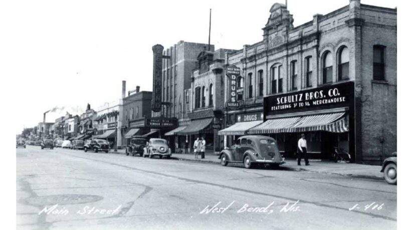 Main Street of West Bend with view of the theater with The Tower Heritage Center