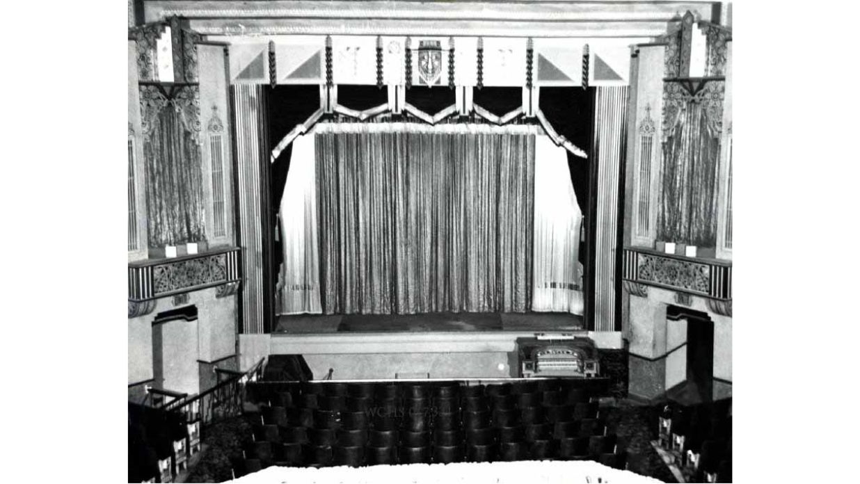 Stage of The Bend historic theater in 1951 with The Tower Heritage Center