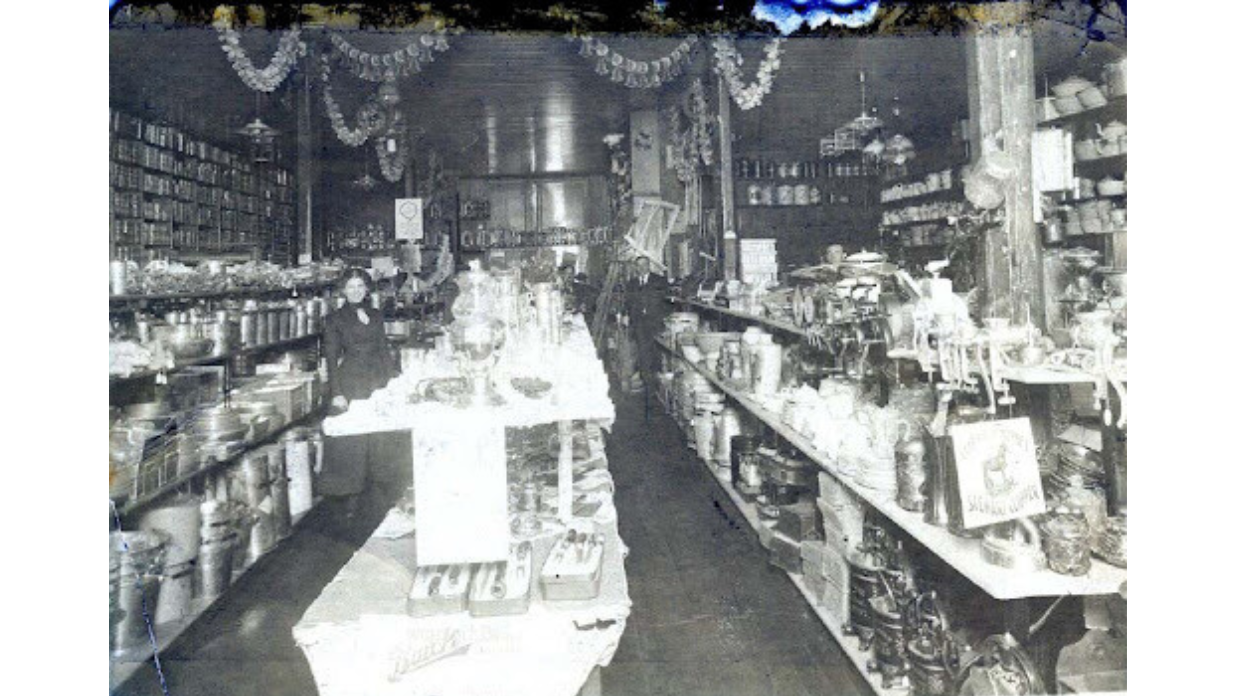 Historic hardware store decorated for Christmas with The Tower Heritage Center in Washington County, WI