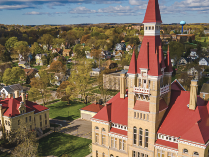 bird's eye view of the 1889 courthouse and 1886 jailhouse