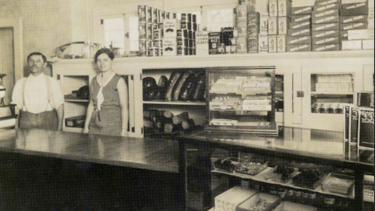 Historic bakery storefront in Slinger, Wisconsin with The Tower Heritage Center