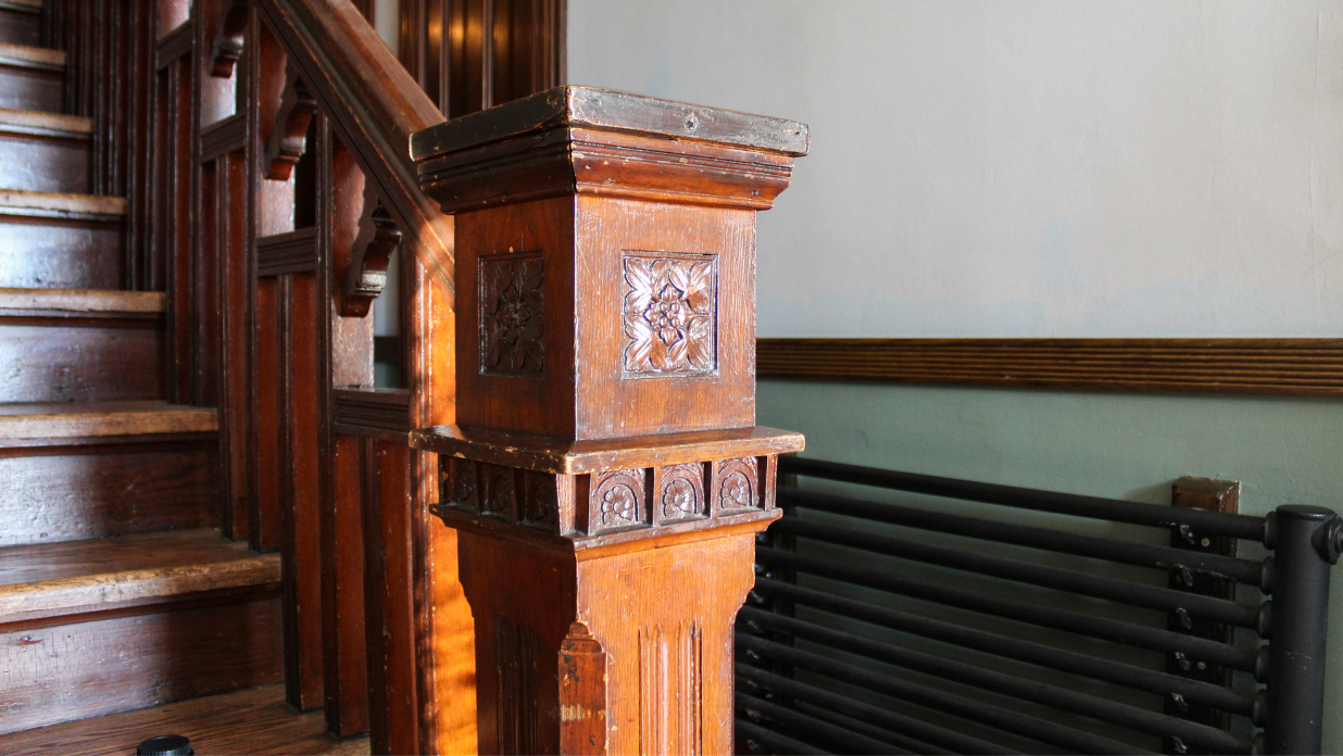 Historic victorian-era home stair case in Wisconsin with The Tower Heritage Center